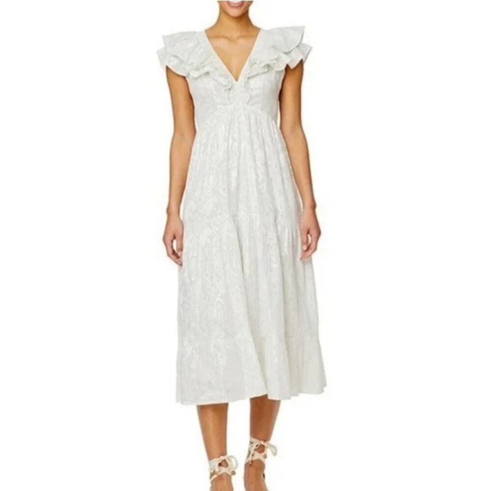 Roller Rabbit White Ondine Lurex V-Neck Cap Ruffle Sleeve A-Line Midi Dress